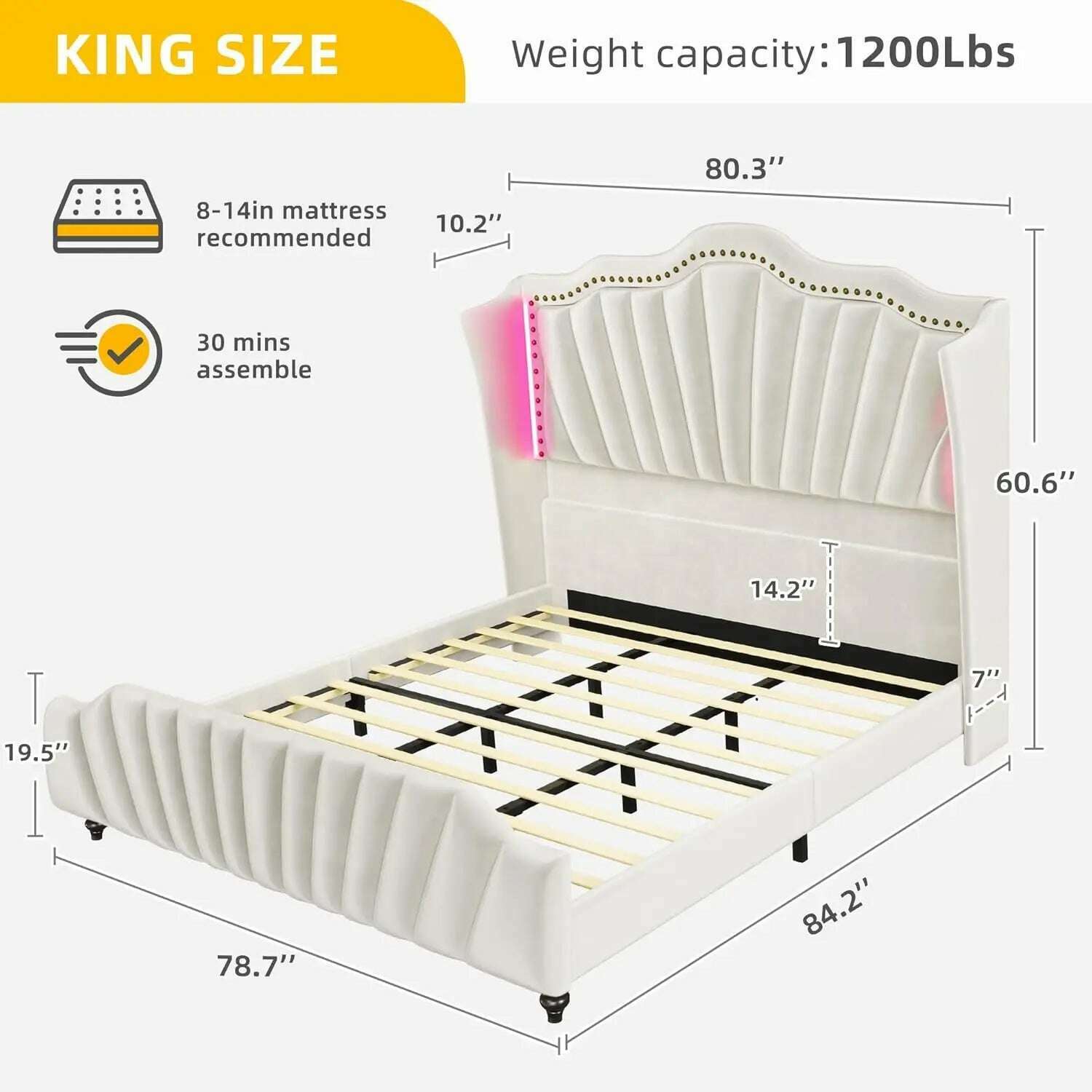 KIMLUD, King Size Platform Bed Frame with 60" Tall Wingback Headboard and Footboard, Velvet Upholstered Bed with LED Light,, KIMLUD Womens Clothes