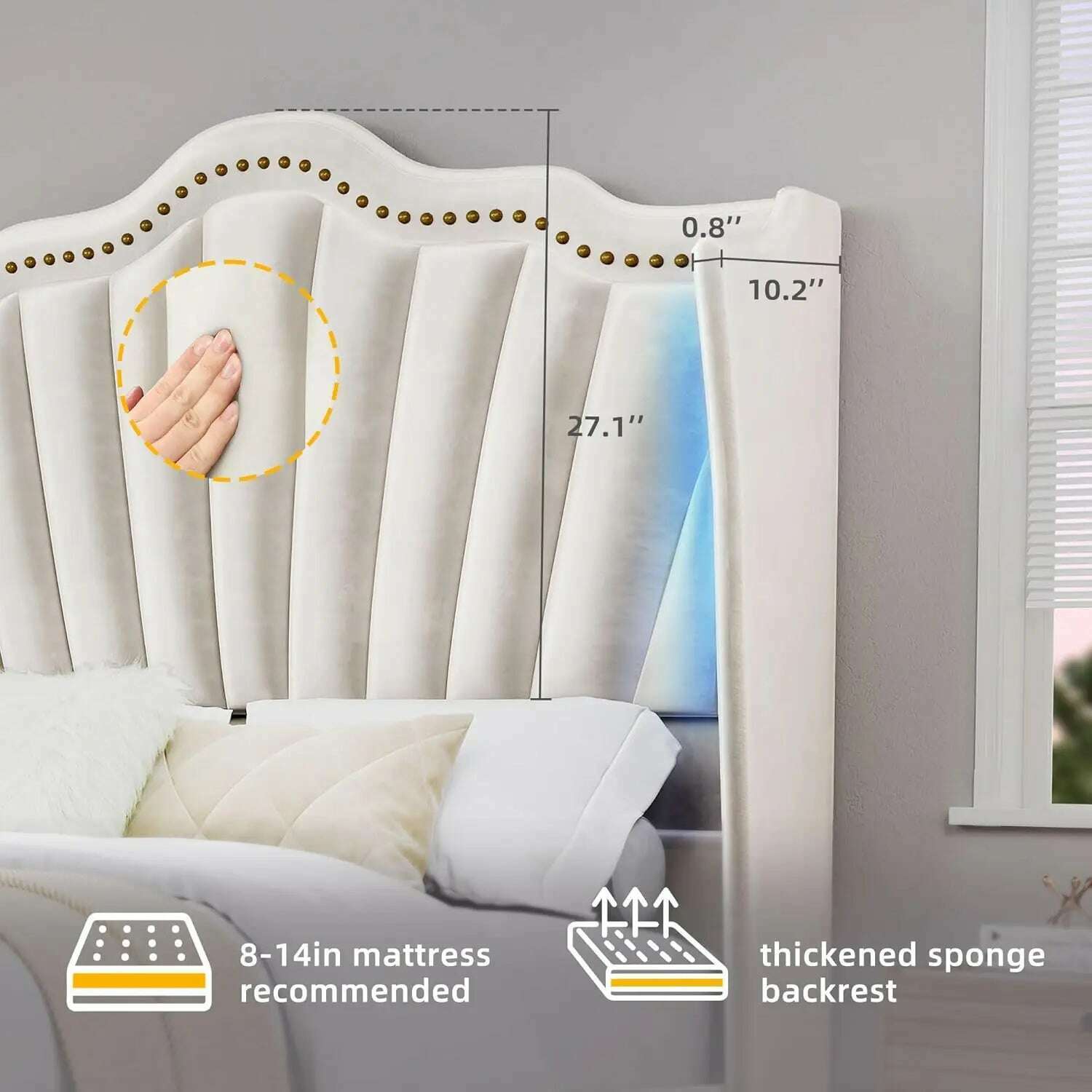 KIMLUD, King Size Platform Bed Frame with 60" Tall Wingback Headboard and Footboard, Velvet Upholstered Bed with LED Light,, KIMLUD Womens Clothes