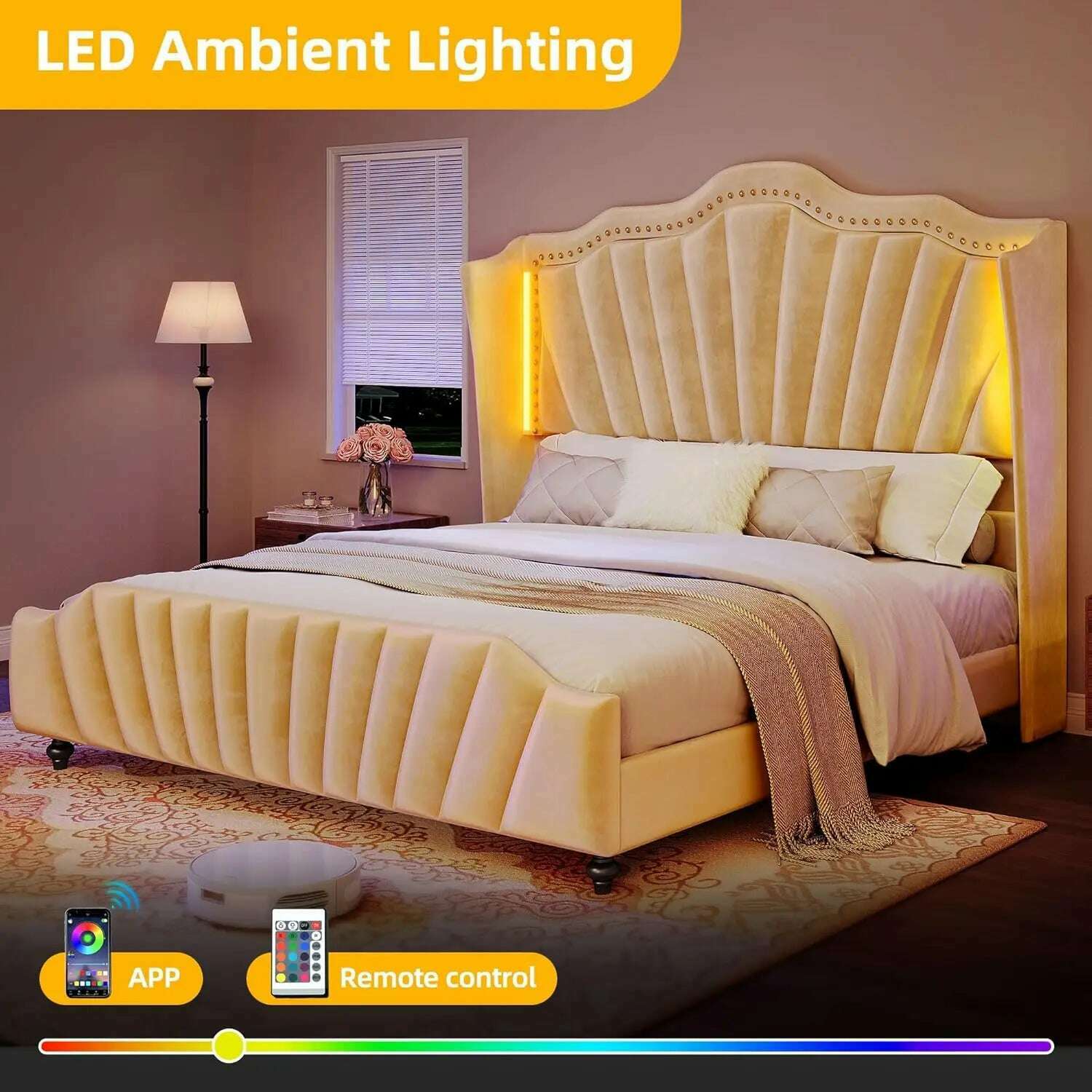 KIMLUD, King Size Platform Bed Frame with 60" Tall Wingback Headboard and Footboard, Velvet Upholstered Bed with LED Light,, KIMLUD Womens Clothes