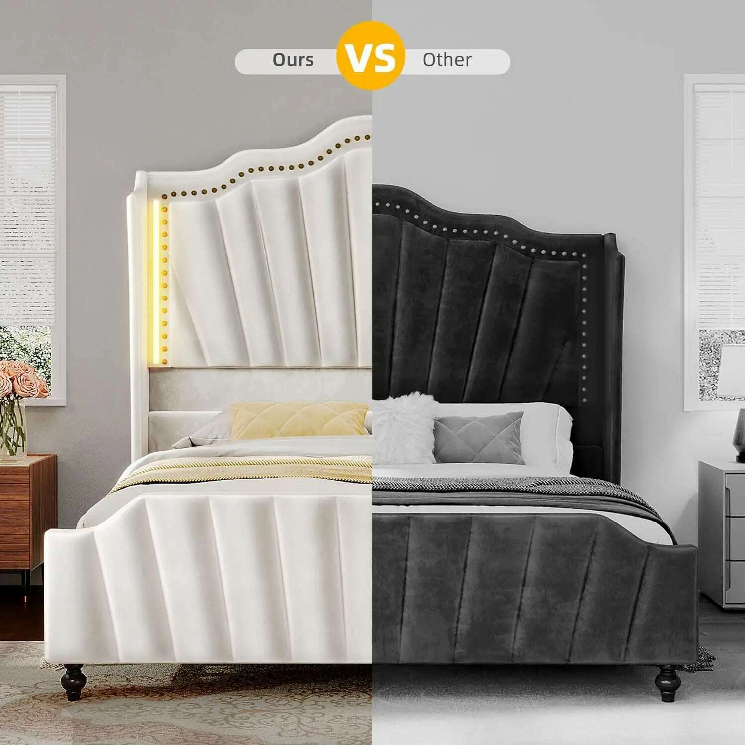 KIMLUD, King Size Platform Bed Frame with 60" Tall Wingback Headboard and Footboard, Velvet Upholstered Bed with LED Light,, KIMLUD Womens Clothes