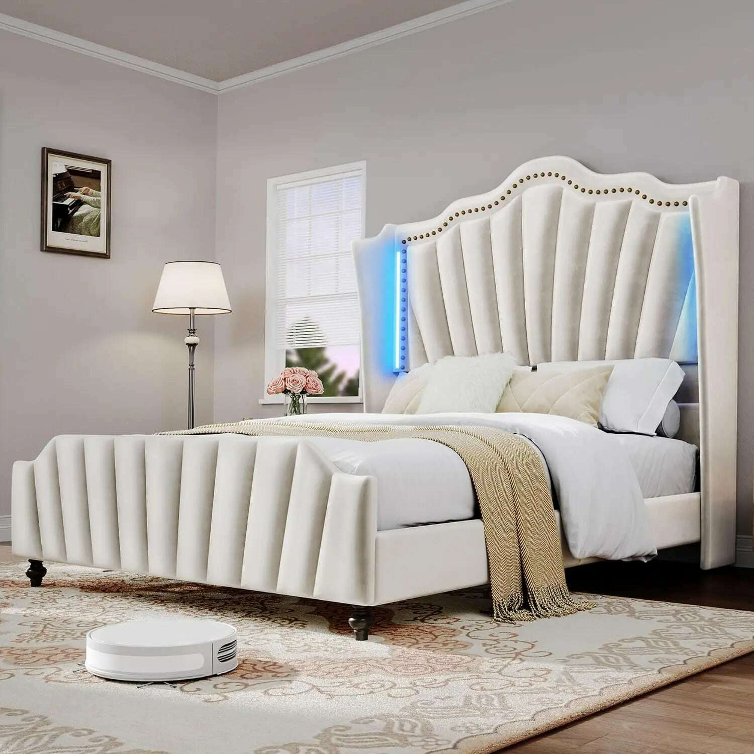 KIMLUD, King Size Platform Bed Frame with 60" Tall Wingback Headboard and Footboard, Velvet Upholstered Bed with LED Light,, United States / Velvet Beige, KIMLUD APPAREL - Womens Clothes