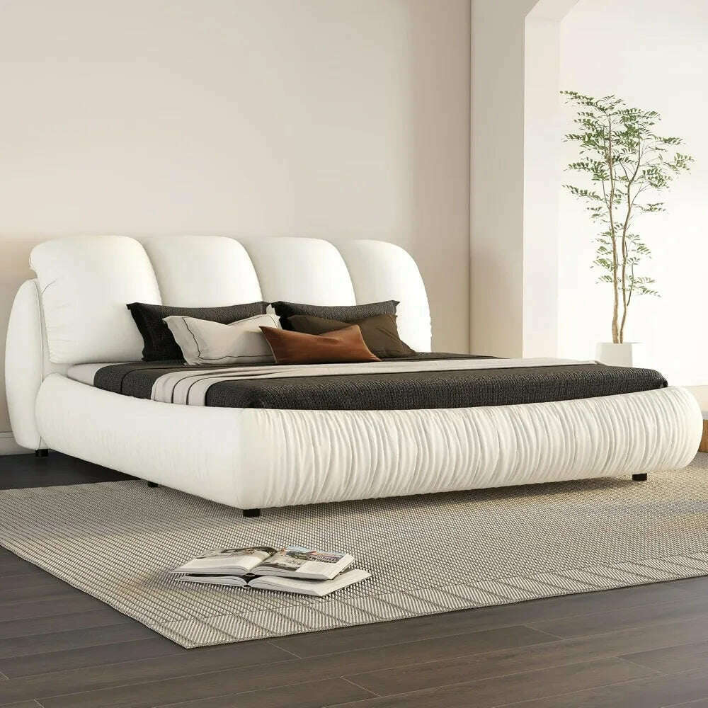 KIMLUD, King Size Platform Bed with Overstuffed Padded Headboard, Lite Deluxe Faux Leather Upholstered Solid Wood Frame Cloud Bed, KIMLUD Womens Clothes