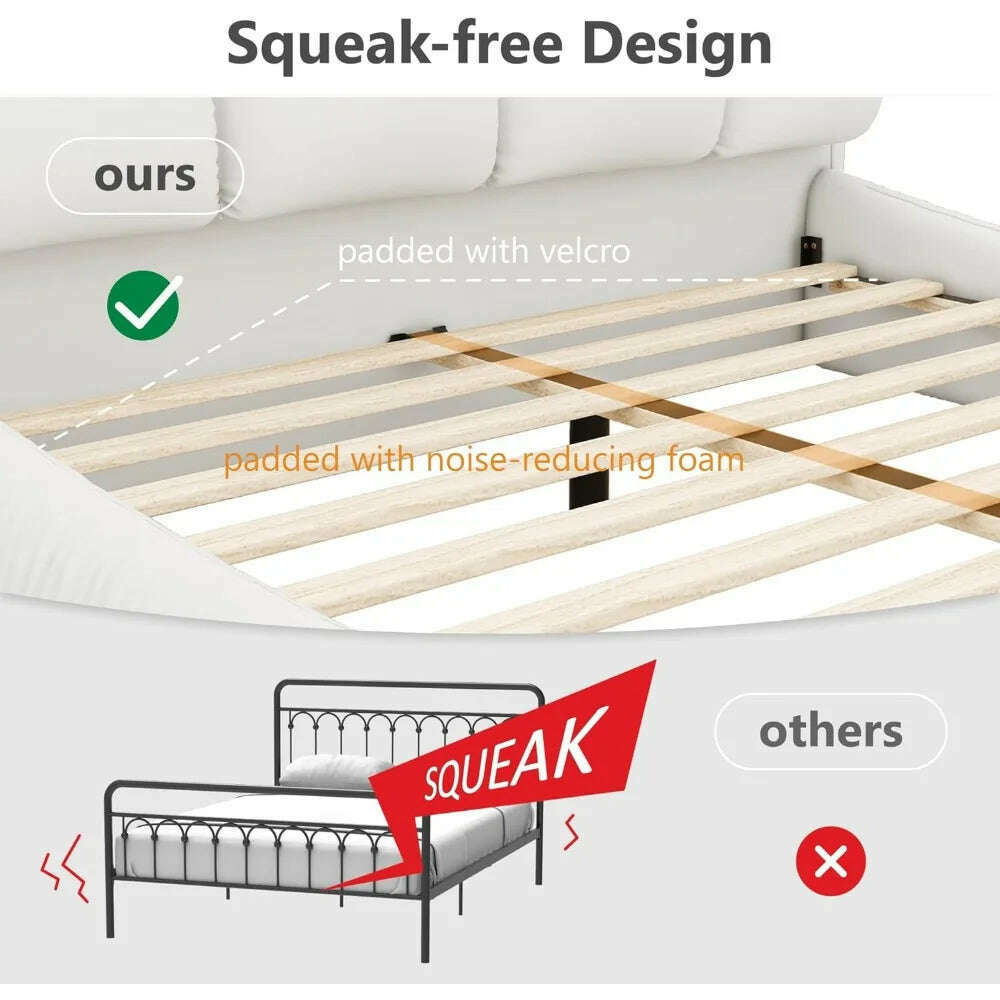 KIMLUD, King Size Platform Bed with Overstuffed Padded Headboard, Lite Deluxe Faux Leather Upholstered Solid Wood Frame Cloud Bed, KIMLUD Womens Clothes