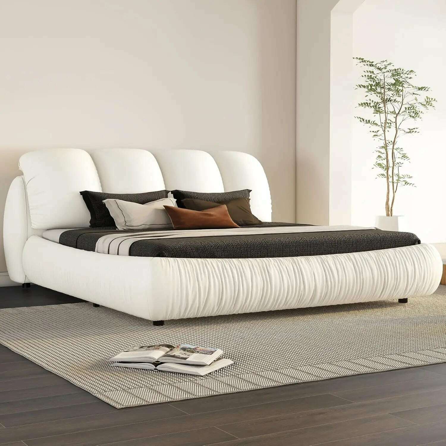 KIMLUD, King Size Platform Bed with Overstuffed Padded Headboard, Lite Deluxe Faux Leather Upholstered Solid Wood Frame Cloud Bed, King-cream White / United States / King, KIMLUD APPAREL - Womens Clothes