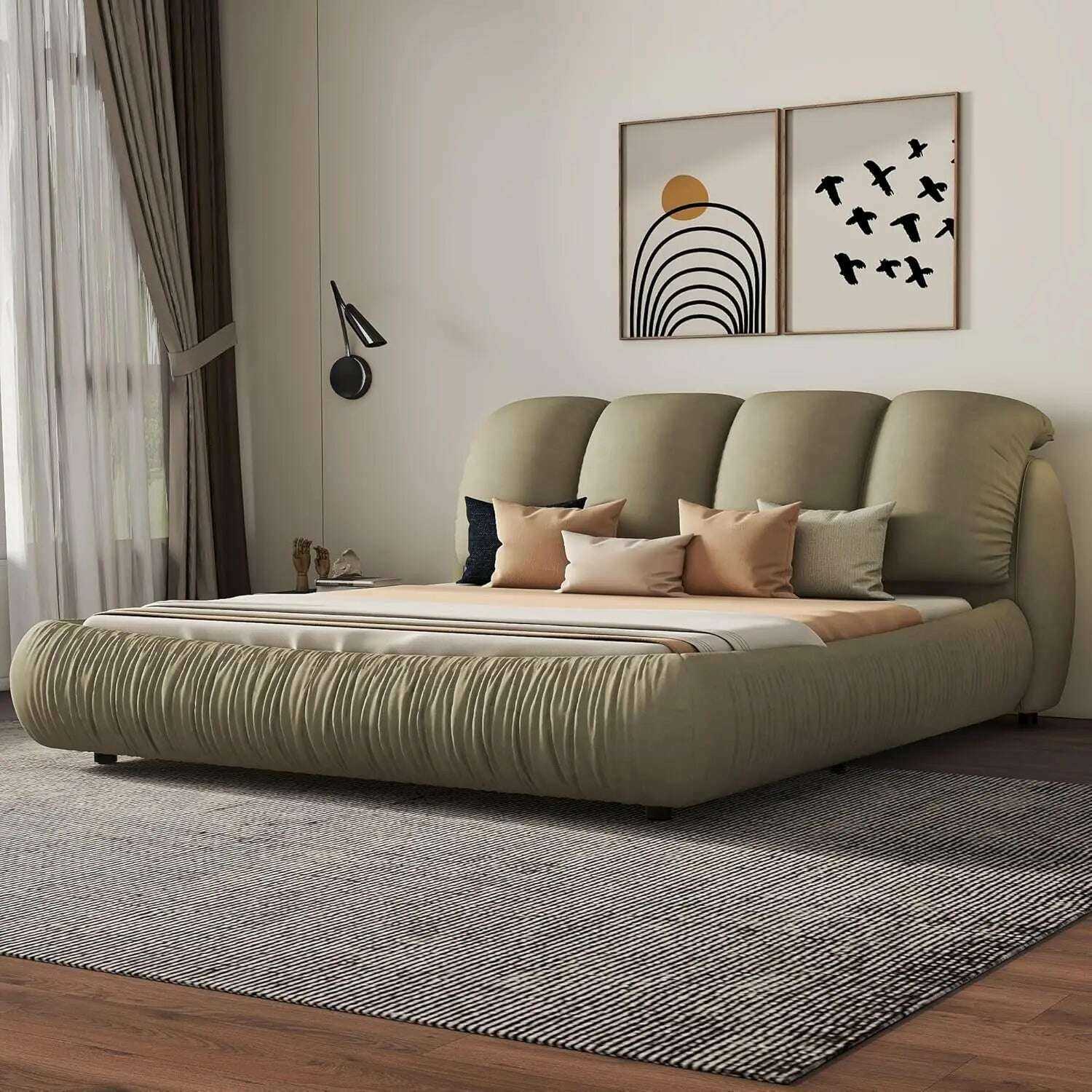 KIMLUD, King Size Platform Bed with Overstuffed Padded Headboard, Lite Deluxe Faux Leather Upholstered Solid Wood Frame Cloud Bed, Queen-sand Grey / United States / King, KIMLUD APPAREL - Womens Clothes