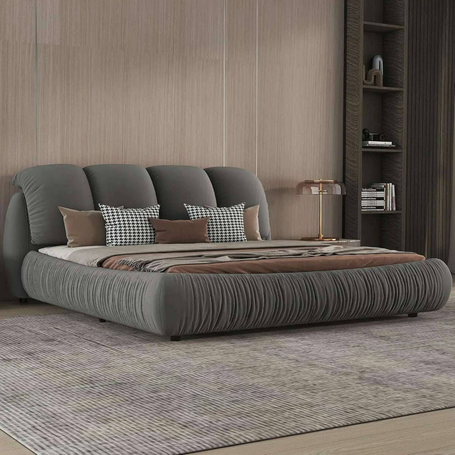 KIMLUD, King Size Platform Bed with Overstuffed Padded Headboard, Lite Deluxe Faux Leather Upholstered Solid Wood Frame Cloud Bed, King-charcoal Grey / United States / King, KIMLUD APPAREL - Womens Clothes