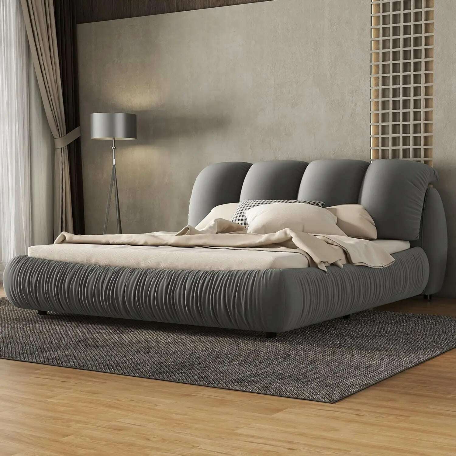 KIMLUD, King Size Platform Bed with Overstuffed Padded Headboard, Lite Deluxe Faux Leather Upholstered Solid Wood Frame Cloud Bed, Queen-charcoal Grey / United States / King, KIMLUD APPAREL - Womens Clothes