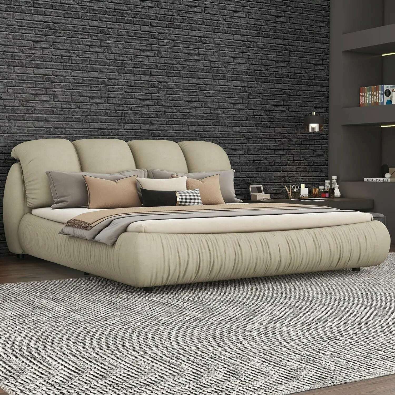 KIMLUD, King Size Platform Bed with Overstuffed Padded Headboard, Lite Deluxe Faux Leather Upholstered Solid Wood Frame Cloud Bed, King-sand Grey / United States / King, KIMLUD APPAREL - Womens Clothes