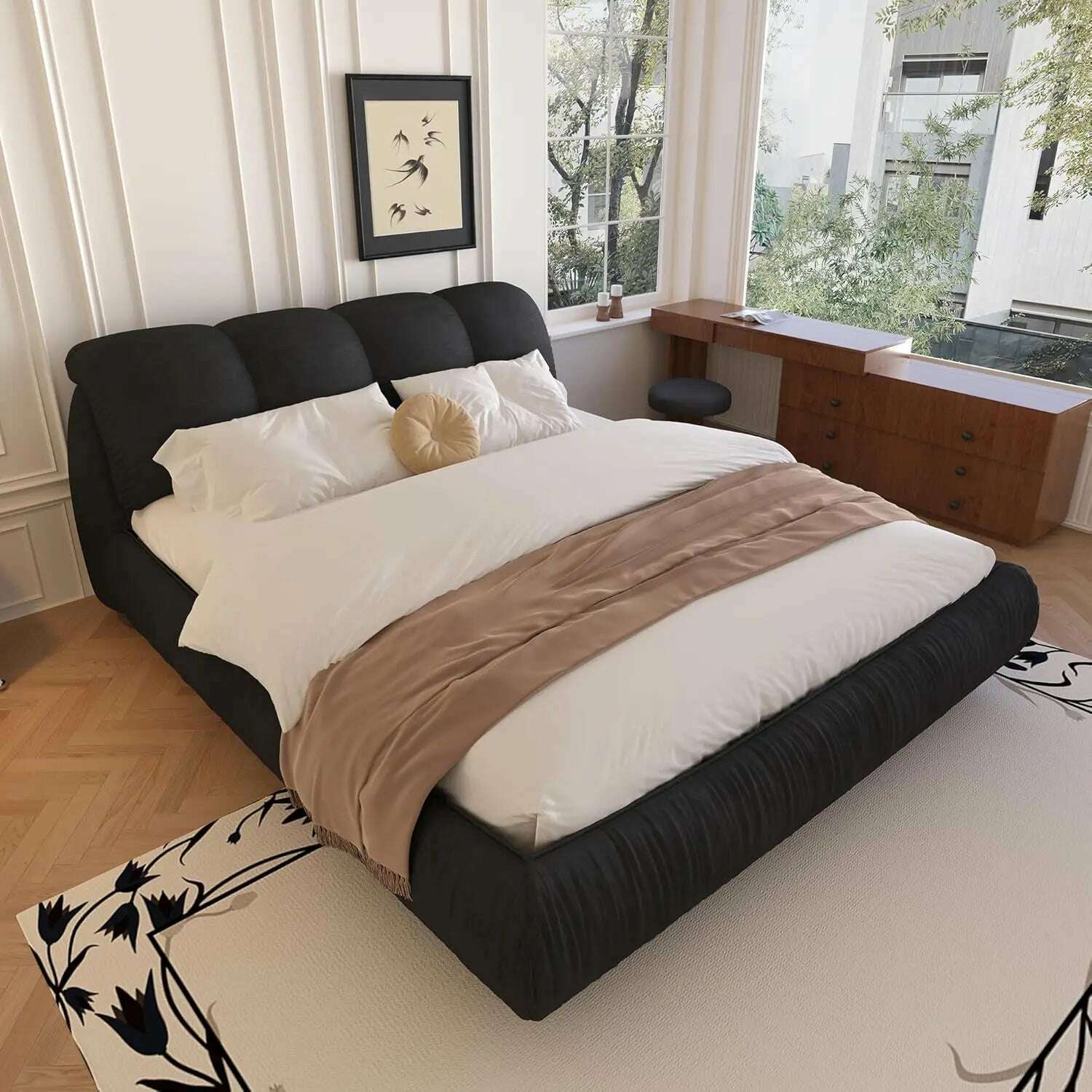 KIMLUD, King Size Platform Bed with Overstuffed Padded Headboard, Lite Deluxe Faux Leather Upholstered Solid Wood Frame Cloud Bed, Queen-black / United States / King, KIMLUD APPAREL - Womens Clothes