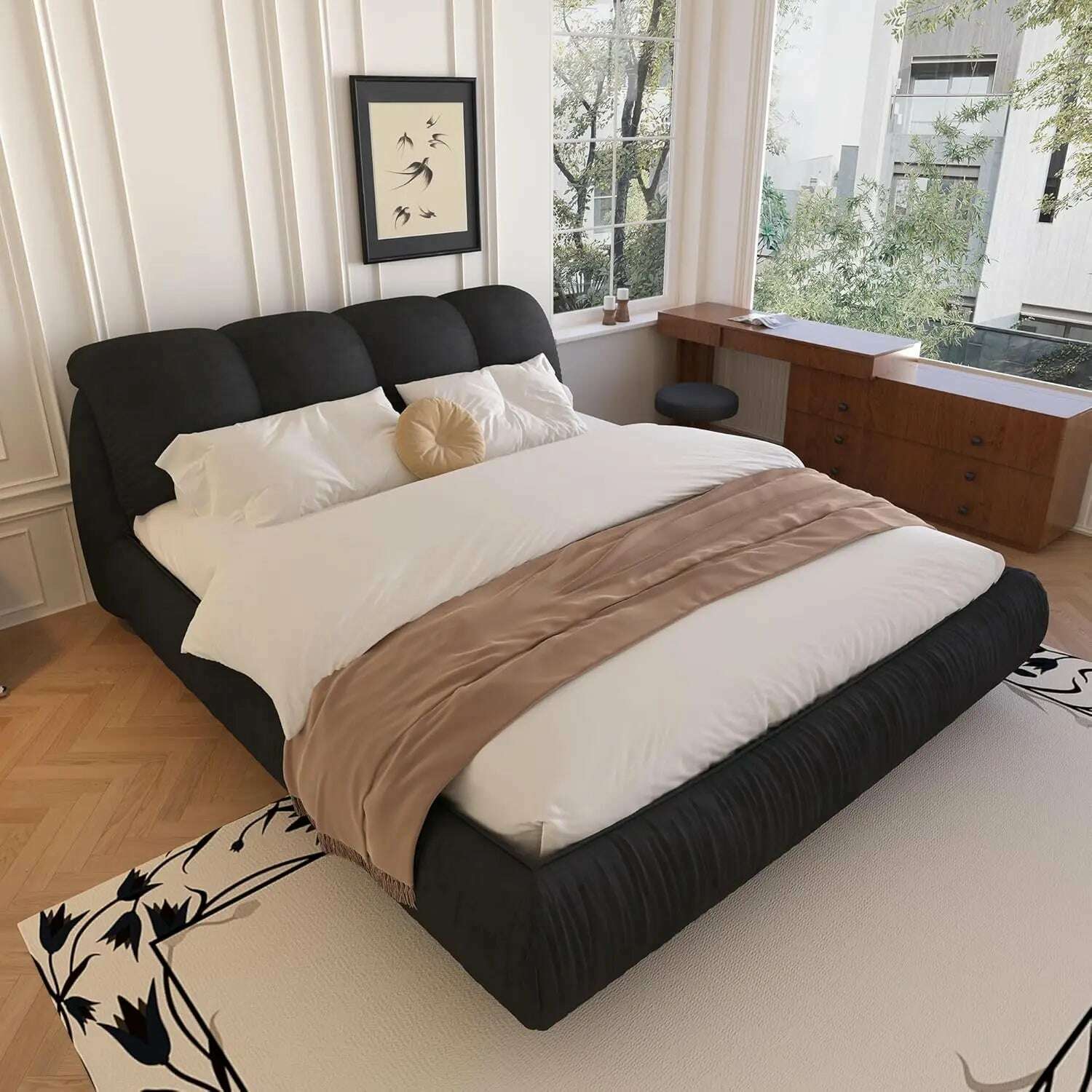 KIMLUD, King Size Platform Bed with Overstuffed Padded Headboard, Lite Deluxe Faux Leather Upholstered Solid Wood Frame Cloud Bed, King-black / United States / King, KIMLUD APPAREL - Womens Clothes