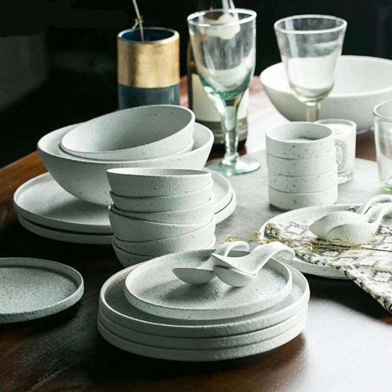 KINGLANG 1/2/4/6 Person Dinner Set Ceramic Dinnerware Matt Dinner Plate Rice Soup Bowl Sauce Dish Restaurant Tableware Wholesale - KIMLUD