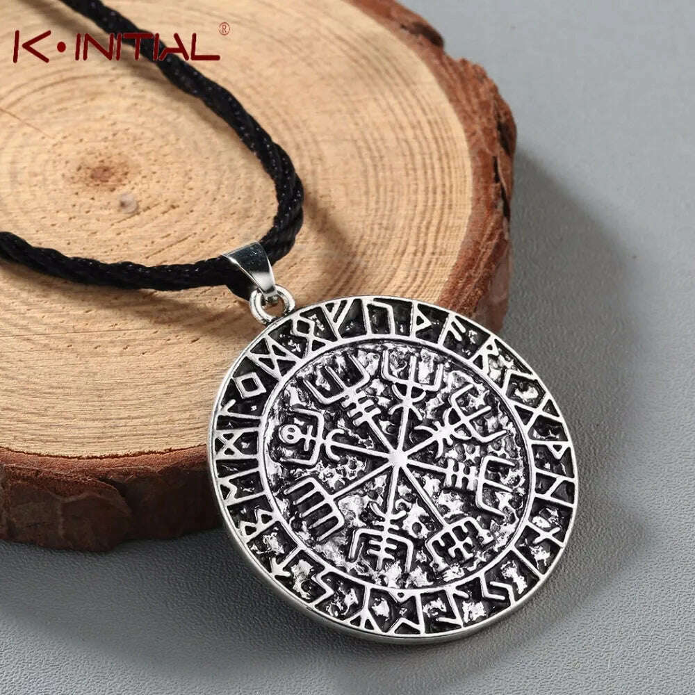 KIMLUD, Kinitial Norse Vegvisir Symbol Necklace Protection Symbol viking Men Pendant Magical Staves Compass Wholesale Jewelry, Antique Silver Plated, KIMLUD Womens Clothes