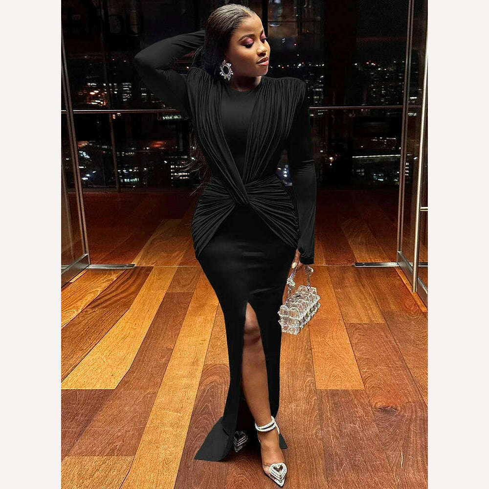 KIMLUD, kliou Elegant Solid Maxi Dress Women Classic Cross Ruched Long Sleeve Split Body-shaping Robe Female High Street Party Vestidos, KIMLUD Womens ClothesKIMLUD, kliou Elegant Solid Maxi Dress Women Classic Cross Ruched Long Sleeve Split Body-shaping Robe Female High Street Party Vestidos, black / S, KIMLUD APPAREL - Womens Clothes