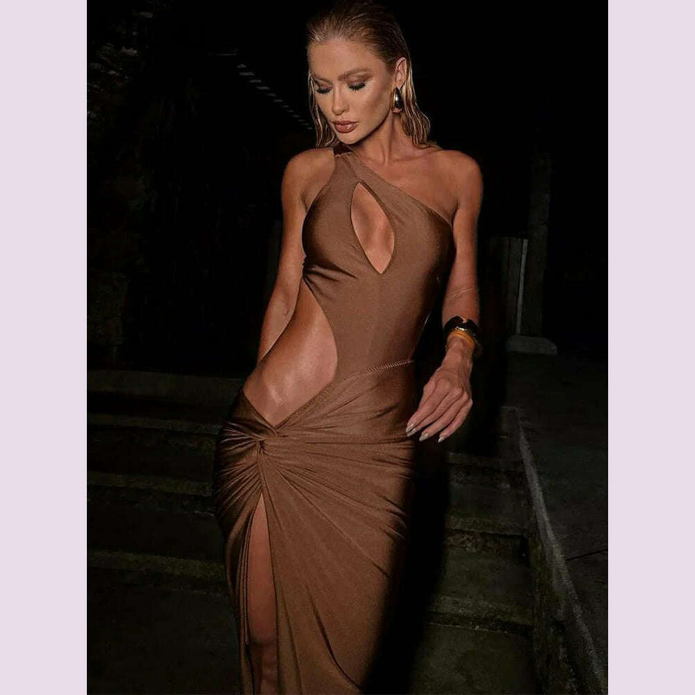 chinese dress ladies kliou Hollow Women Dresses Sexy Shirring Chic Cut Shape Incline Should