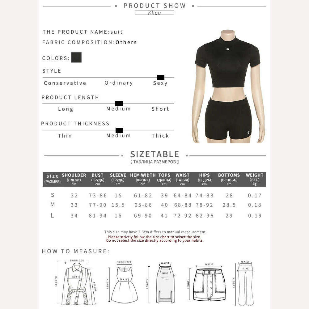 KIMLUD, Kliou Letter Applique Solid Two Pieces Set Women Sporty Crew Neck Crop Tops + High Waist Shorts Lady Minimalist Activewear Suit, KIMLUD Womens Clothes