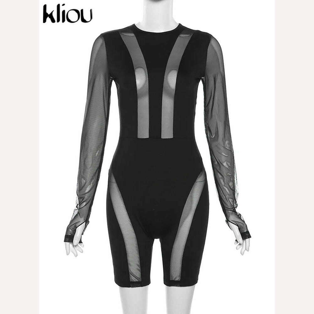 Kliou Mesh Patchwork Sheer Playsuits Women Sexy Cleavage Full Sleeve With Finger Hole Skinny Rompers Female Zip Up Fashion Wear - KIMLUD