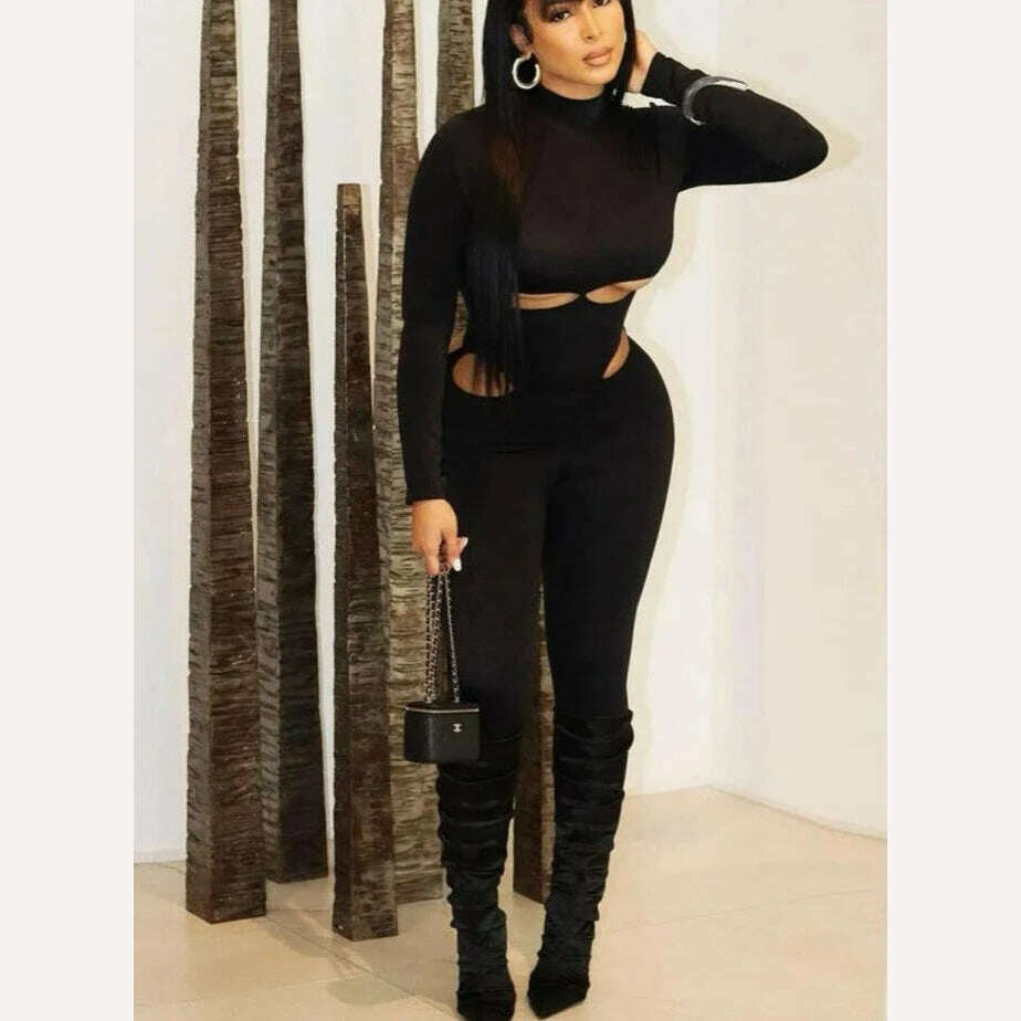 KIMLUD, kliou Solid Concise Jumpsuits Women Basic Autumn Long Sleeve Stand Neck Hollow Out Skinny One Piece Female Classic Activewear, black / L, KIMLUD APPAREL - Womens Clothes