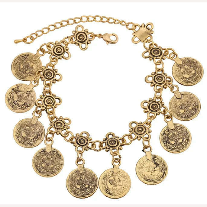 KIMLUD, KMVEXO Party Hippy Boho Beach Turkish Jewelry Gold color Coin Vintage Bohemia Carved Coin Bracelets Bangles for Woman pulseras, S025 Gold color, KIMLUD Womens Clothes