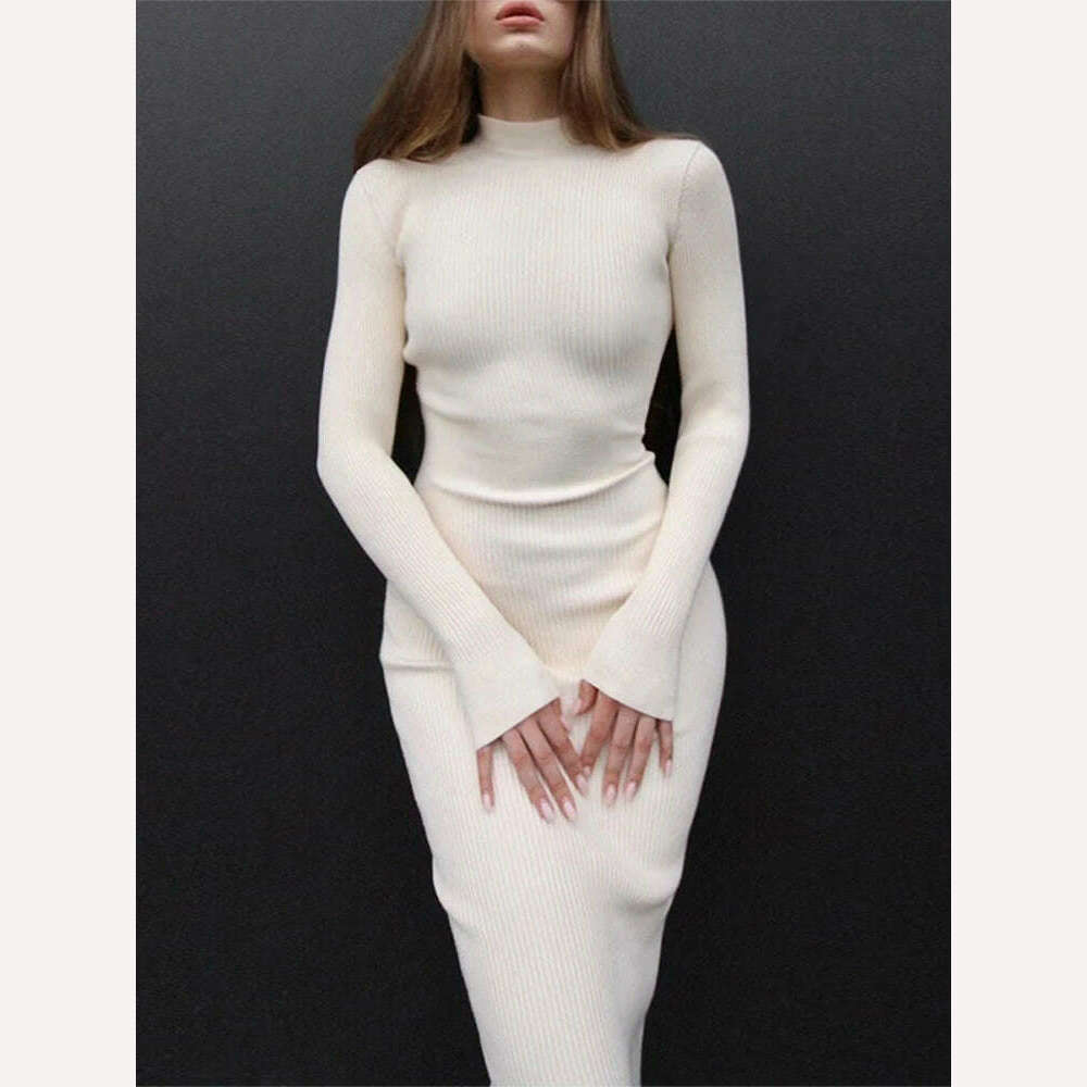 KIMLUD, Knitted Turtleneck Dress Women Autumn Winter Long Sleeve Bodycon Midi Dresses Female Elegant Fashion Solid Color Skinny Dress, White midi / S, KIMLUD Women's Clothes