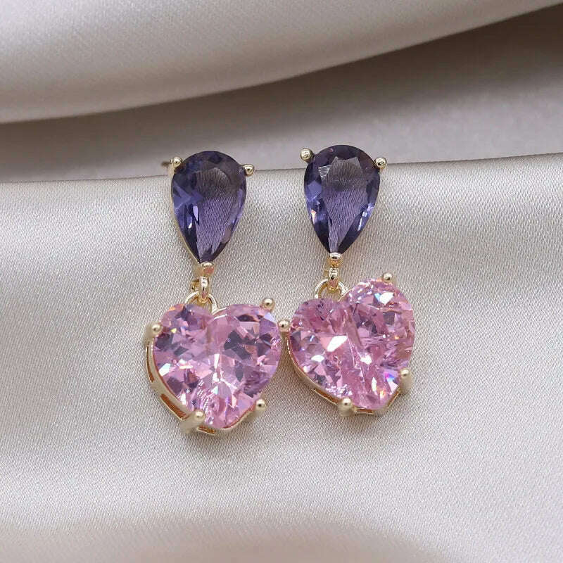 KIMLUD, Korea New Design Fashion Jewelry Simple Purple Crystal Water Drops Pink Zircon Love Pendant Earrings Sweet Women's Party Earring, KIMLUD Womens Clothes