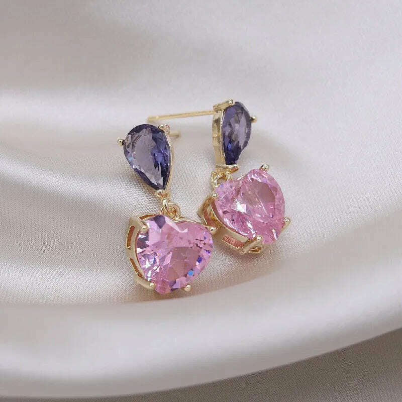 KIMLUD, Korea New Design Fashion Jewelry Simple Purple Crystal Water Drops Pink Zircon Love Pendant Earrings Sweet Women's Party Earring, KIMLUD Womens Clothes
