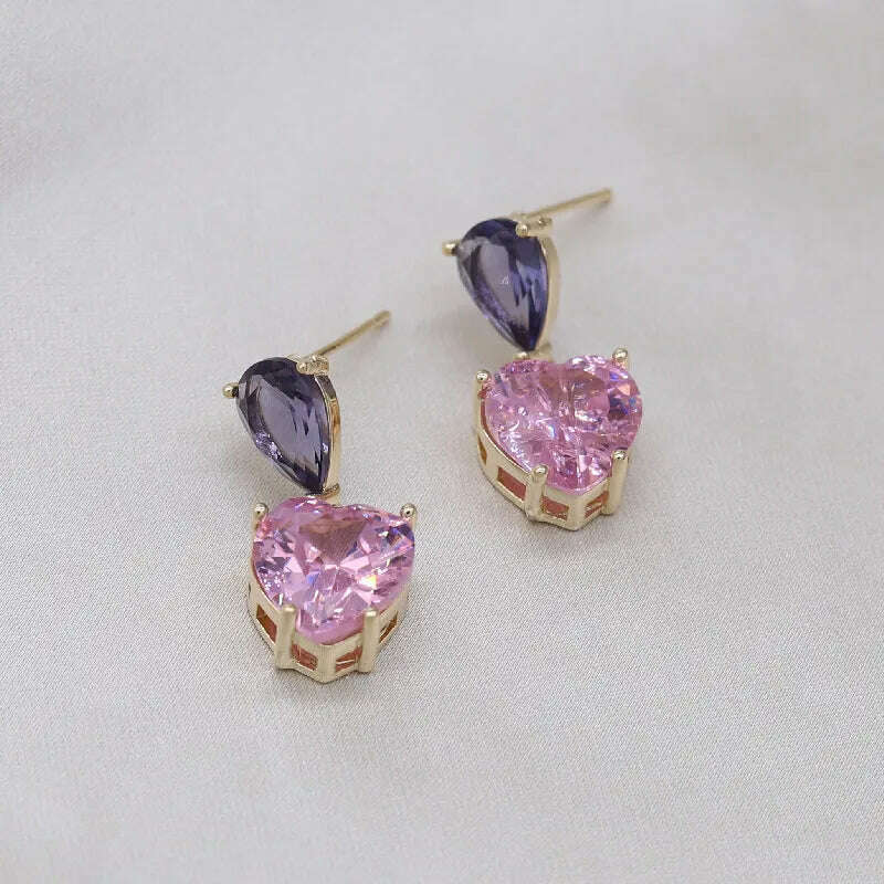 KIMLUD, Korea New Design Fashion Jewelry Simple Purple Crystal Water Drops Pink Zircon Love Pendant Earrings Sweet Women's Party Earring, KIMLUD Womens Clothes