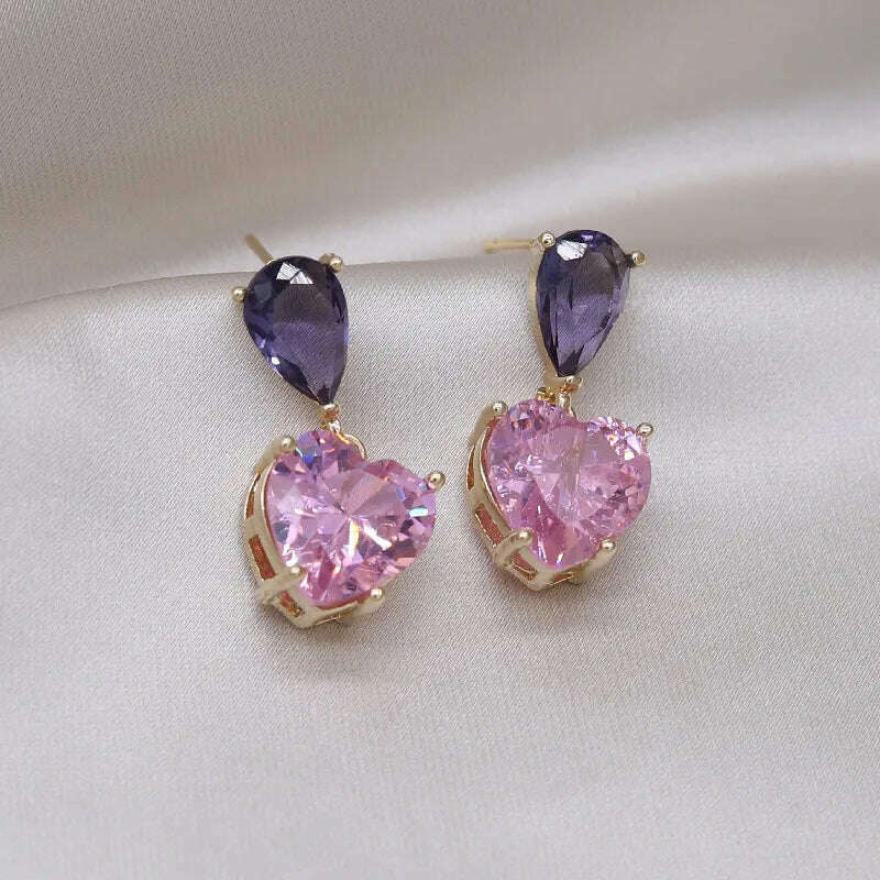 KIMLUD, Korea New Design Fashion Jewelry Simple Purple Crystal Water Drops Pink Zircon Love Pendant Earrings Sweet Women's Party Earring, KIMLUD Womens Clothes