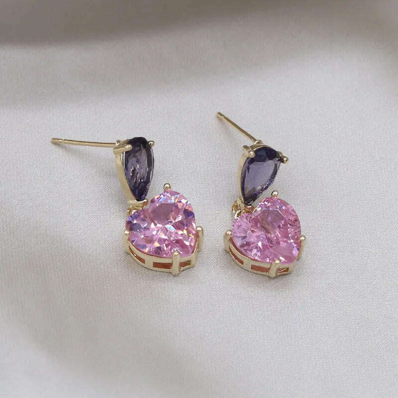 KIMLUD, Korea New Design Fashion Jewelry Simple Purple Crystal Water Drops Pink Zircon Love Pendant Earrings Sweet Women's Party Earring, KIMLUD Womens Clothes