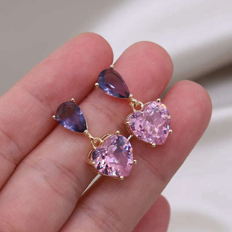 KIMLUD, Korea New Design Fashion Jewelry Simple Purple Crystal Water Drops Pink Zircon Love Pendant Earrings Sweet Women's Party Earring, KIMLUD Womens Clothes