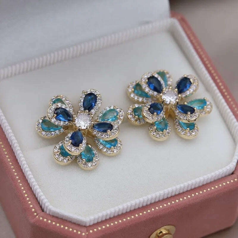 KIMLUD, Korea's new fashion jewelry 14K gold plated luxury double-layer color zircon flower earrings elegant women's party accessories, KIMLUD Womens ClothesKIMLUD, Korea's new fashion jewelry 14K gold plated luxury double-layer color zircon flower earrings elegant women's party accessories, blue, KIMLUD APPAREL - Womens Clothes