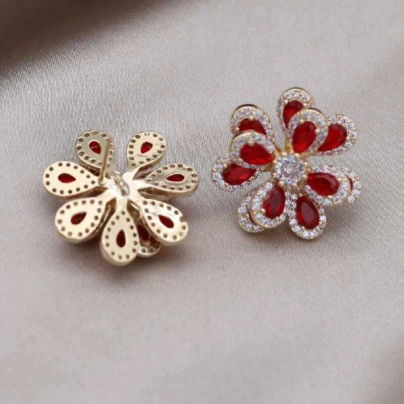 KIMLUD, Korea's new fashion jewelry 14K gold plated luxury double-layer color zircon flower earrings elegant women's party accessories, KIMLUD Womens Clothes
