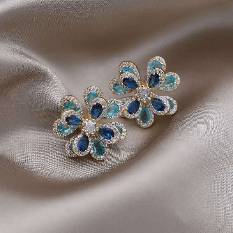 KIMLUD, Korea's new fashion jewelry 14K gold plated luxury double-layer color zircon flower earrings elegant women's party accessories, KIMLUD Womens Clothes