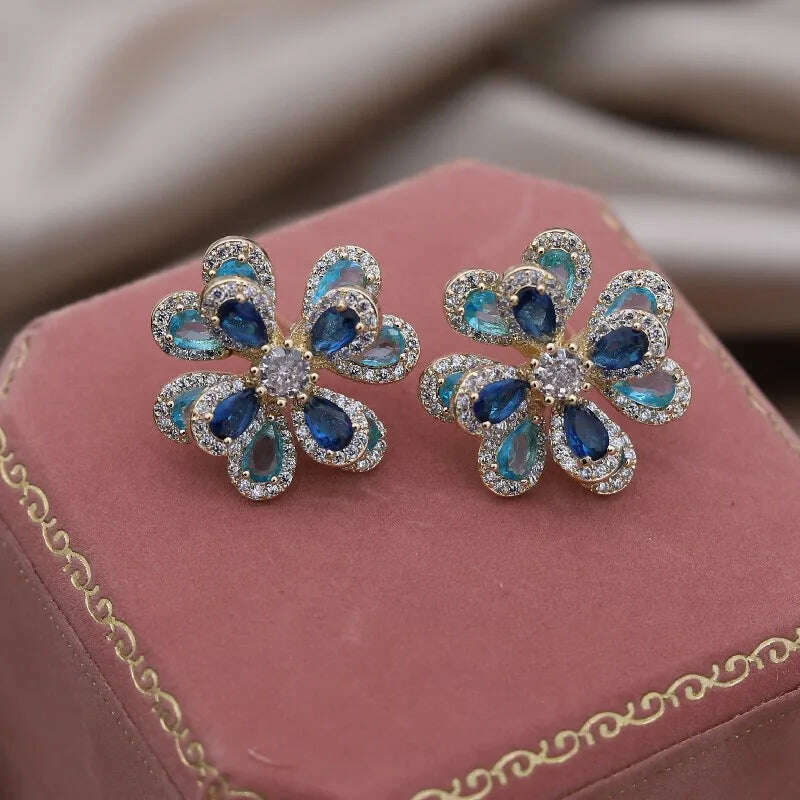 KIMLUD, Korea's new fashion jewelry 14K gold plated luxury double-layer color zircon flower earrings elegant women's party accessories, KIMLUD Womens Clothes