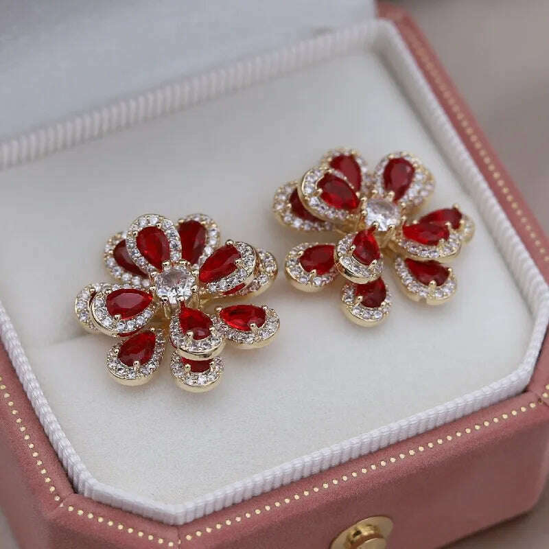 KIMLUD, Korea's new fashion jewelry 14K gold plated luxury double-layer color zircon flower earrings elegant women's party accessories, KIMLUD Womens Clothes