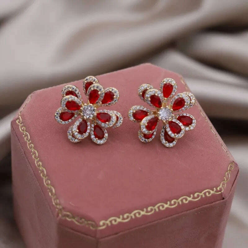 KIMLUD, Korea's new fashion jewelry 14K gold plated luxury double-layer color zircon flower earrings elegant women's party accessories, KIMLUD Womens Clothes