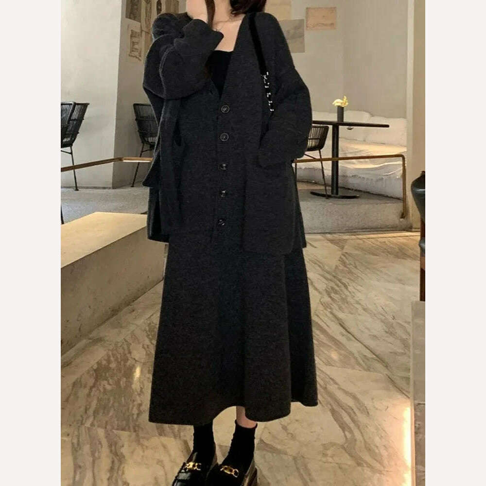 KIMLUD, Korean Fashion 2 Piece Sets Womens Outifits 2024 Autumn New in Knit Cardigan Dress Sets Loose Sweater Skirt Sets Womens Clothing, KIMLUD Womens ClothesKIMLUD, Korean Fashion 2 Piece Sets Womens Outifits 2024 Autumn New in Knit Cardigan Dress Sets Loose Sweater Skirt Sets Womens Clothing, black / M, KIMLUD APPAREL - Womens Clothes