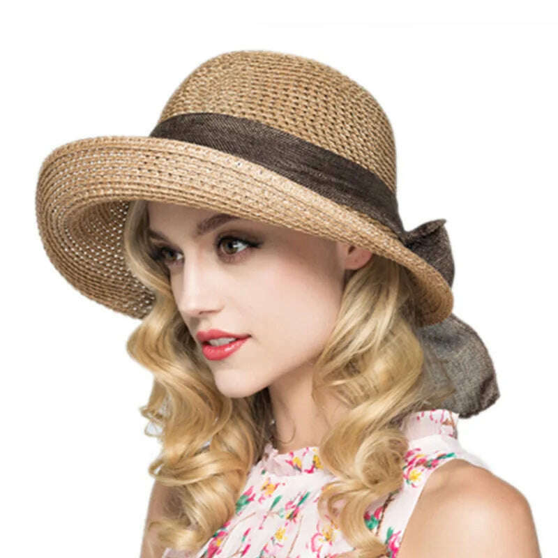 Korean fashion bow beach sun hat women's summer new collapsible fisherman basin hat summer sun block straw hat for women - KIMLUD