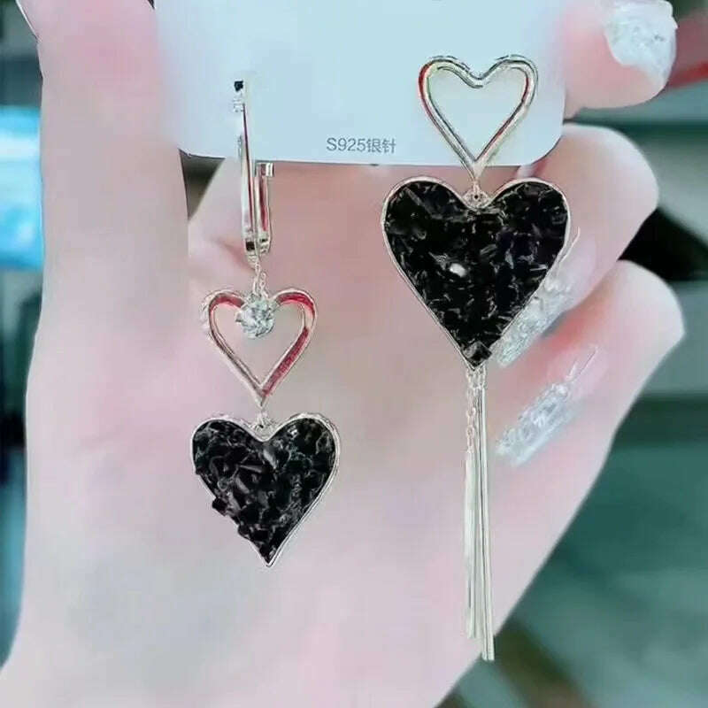 KIMLUD, Korean Fashion Exquisite Light Luxury Zircon Diamond Set Black Heart Shaped Pendant Earrings Party Commemorative Gift Jewelry, KIMLUD Womens Clothes