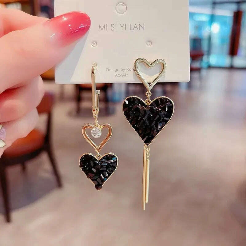 KIMLUD, Korean Fashion Exquisite Light Luxury Zircon Diamond Set Black Heart Shaped Pendant Earrings Party Commemorative Gift Jewelry, KIMLUD Womens Clothes