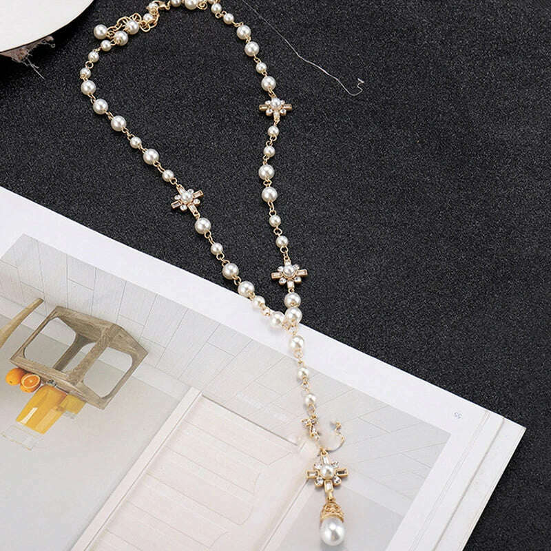KIMLUD, Korean Fashion Pearl Long Double Layer Pendant Necklace Sweater Chain Accessories, KIMLUD Womens Clothes