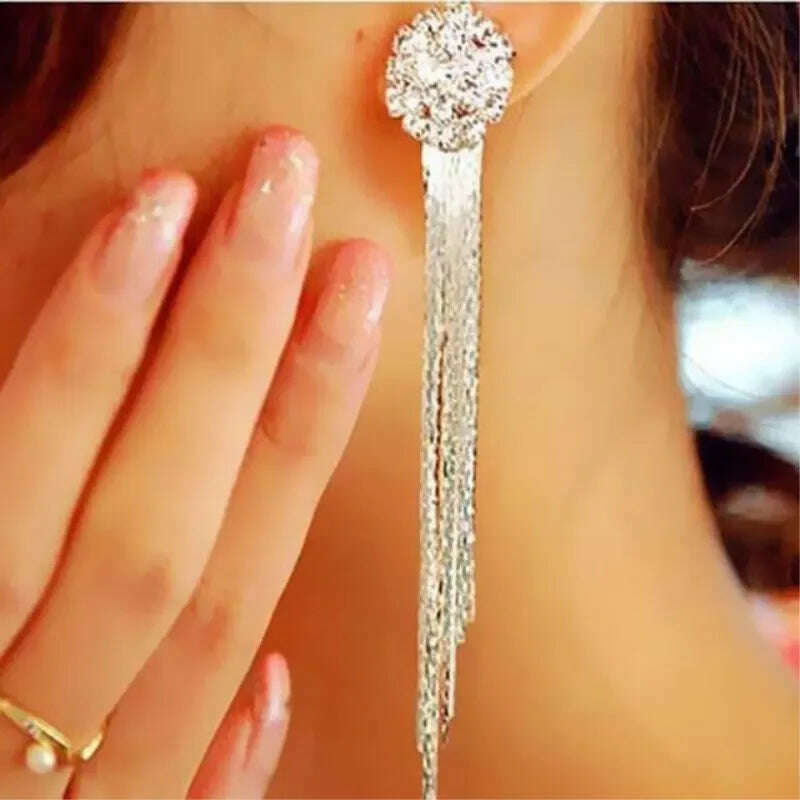 Korean Fashion Personality Temperament Crystal Tassel Earrings Bridal Ear Jewelry For Women Long Oorbellen - KIMLUD