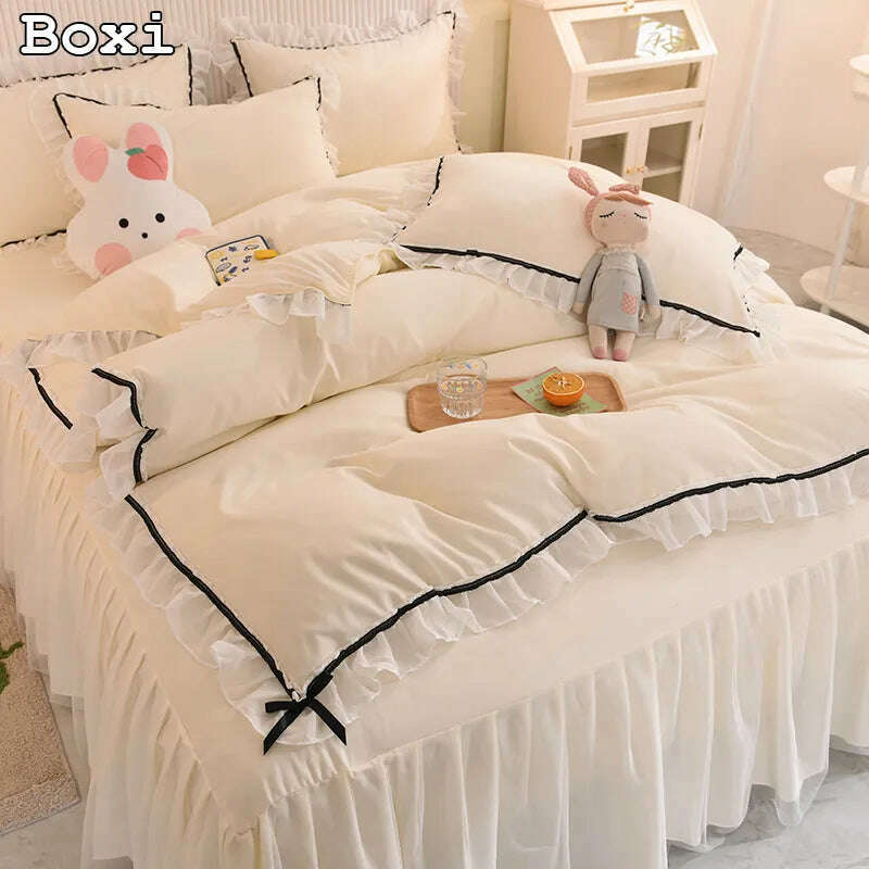 Korean Girl Heart Solid Color Bedding Set Cute Princess Style Cotton Bed Skirt Full Queen Size Flat Sheet Quilt Cover Pillowcase - KIMLUD