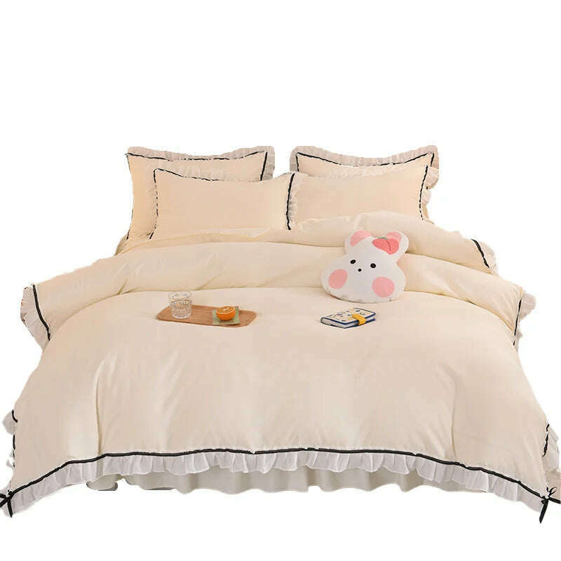 Korean Girl Heart Solid Color Bedding Set Cute Princess Style Cotton Bed Skirt Full Queen Size Flat Sheet Quilt Cover Pillowcase - KIMLUD