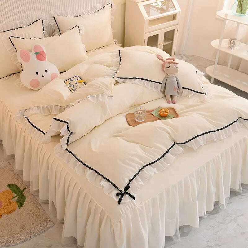 Korean Girl Heart Solid Color Bedding Set Cute Princess Style Cotton Bed Skirt Full Queen Size Flat Sheet Quilt Cover Pillowcase - KIMLUD