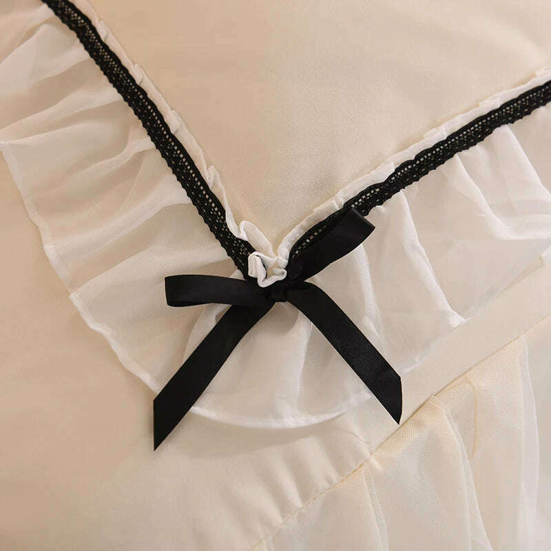 Korean Girl Heart Solid Color Bedding Set Cute Princess Style Cotton Bed Skirt Full Queen Size Flat Sheet Quilt Cover Pillowcase - KIMLUD