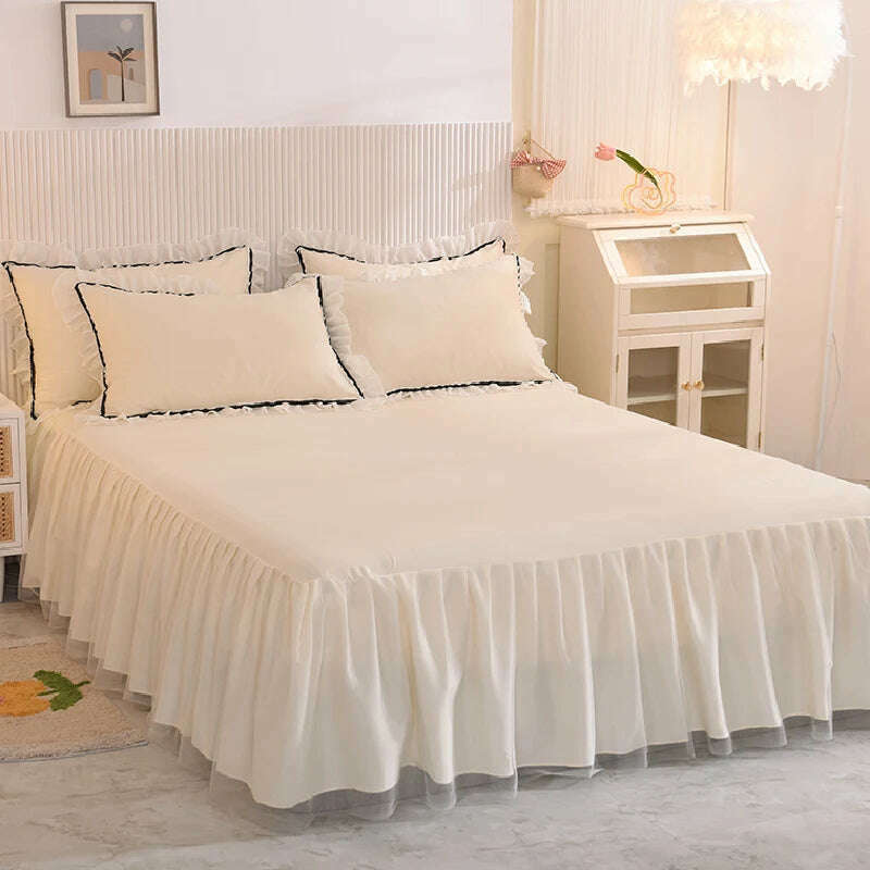 Korean Girl Heart Solid Color Bedding Set Cute Princess Style Cotton Bed Skirt Full Queen Size Flat Sheet Quilt Cover Pillowcase - KIMLUD