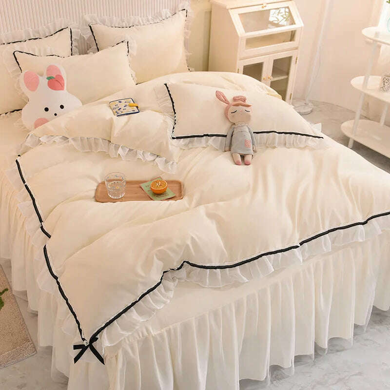Korean Girl Heart Solid Color Bedding Set Cute Princess Style Cotton Bed Skirt Full Queen Size Flat Sheet Quilt Cover Pillowcase - KIMLUD