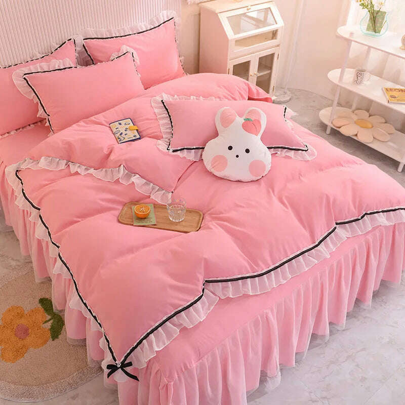 Korean Girl Heart Solid Color Bedding Set Cute Princess Style Cotton Bed Skirt Full Queen Size Flat Sheet Quilt Cover Pillowcase - KIMLUD
