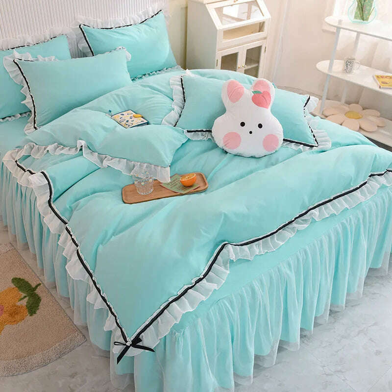 Korean Girl Heart Solid Color Bedding Set Cute Princess Style Cotton Bed Skirt Full Queen Size Flat Sheet Quilt Cover Pillowcase - KIMLUD