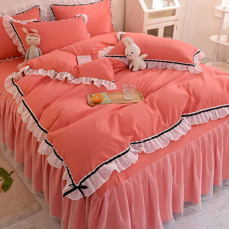Korean Girl Heart Solid Color Bedding Set Cute Princess Style Cotton Bed Skirt Full Queen Size Flat Sheet Quilt Cover Pillowcase - KIMLUD